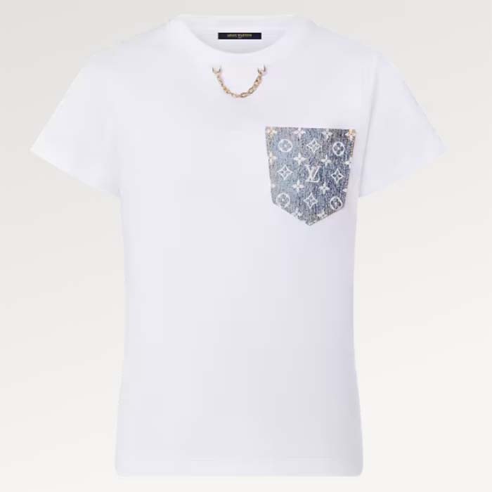 Louis Vuitton Men Monogram Pocket T-Shirt Cotton White Monogram Jacquard Denim LV Golden Chain