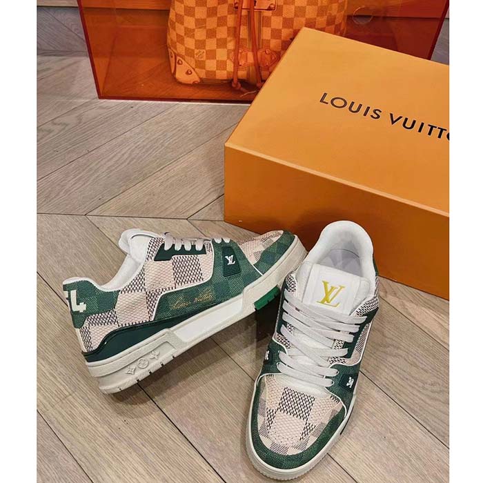 Louis Vuitton Unisex LV Trainer Sneaker Green Damier Grained Calf Leather Rubber Monogram Flowers (3)