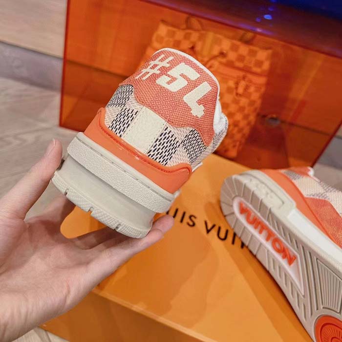 Louis Vuitton Unisex LV Trainer Sneaker Orange Damier Grained Calf Leather Rubber Monogram Flowers (10)