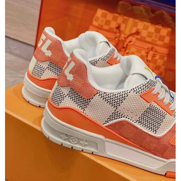 Louis Vuitton Unisex LV Trainer Sneaker Orange Damier Grained Calf Leather Rubber Monogram Flowers (13)