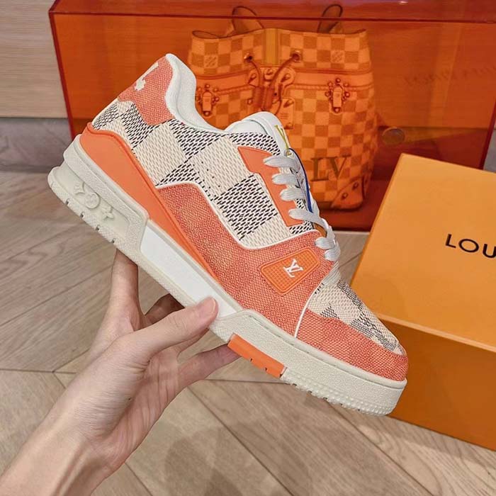 Louis Vuitton Unisex LV Trainer Sneaker Orange Damier Grained Calf Leather Rubber Monogram Flowers (15)