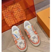 Louis Vuitton Unisex LV Trainer Sneaker Orange Damier Grained Calf Leather Rubber Monogram Flowers (8)