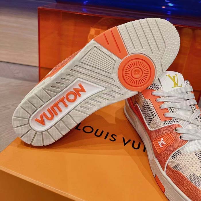 Louis Vuitton Unisex LV Trainer Sneaker Orange Damier Grained Calf Leather Rubber Monogram Flowers (6)