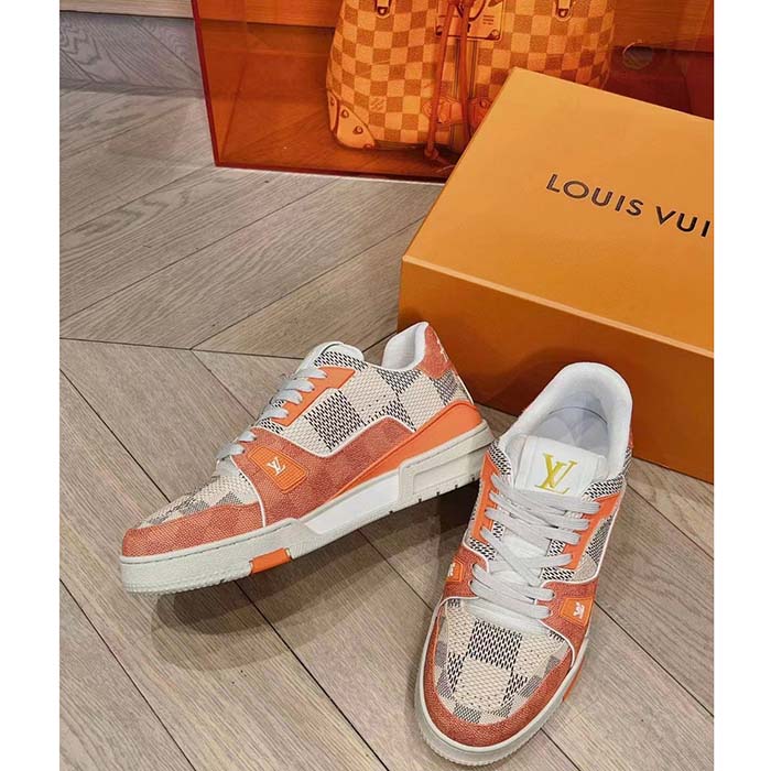 Louis Vuitton Unisex LV Trainer Sneaker Orange Damier Grained Calf Leather Rubber Monogram Flowers (7)