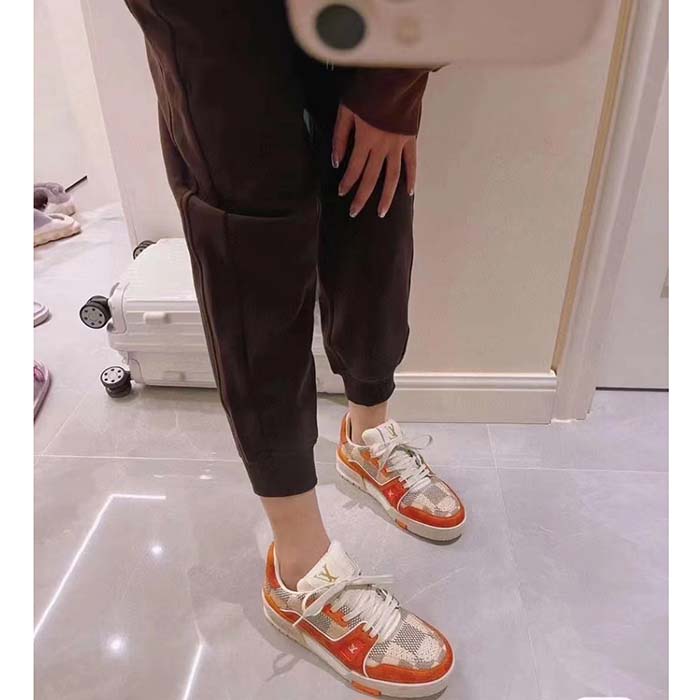 Louis Vuitton Unisex LV Trainer Sneaker Orange Damier Grained Calf Leather Rubber Monogram Flowers (9)