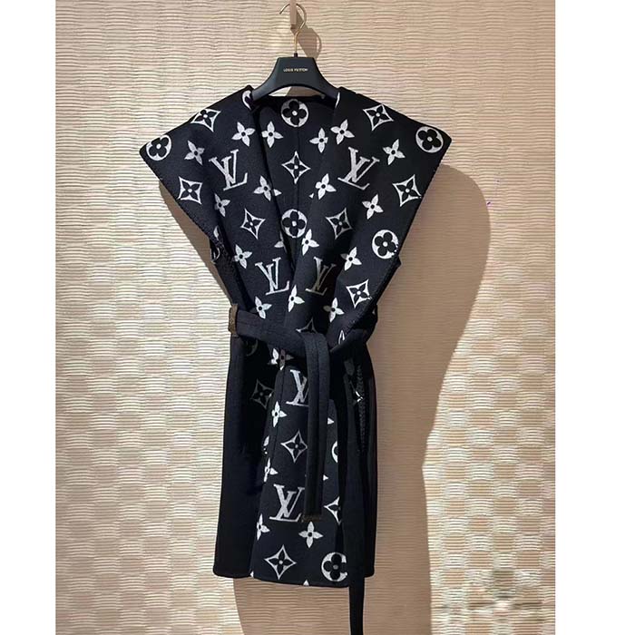 Louis Vuitton Women LV Reversible Zipper Sleeve Hooded Wrap Coat Black Wool Silk (13)