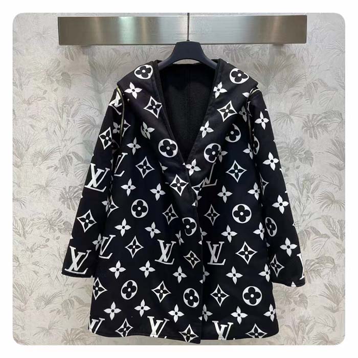 Louis Vuitton Women LV Reversible Zipper Sleeve Hooded Wrap Coat Black Wool Silk (14)
