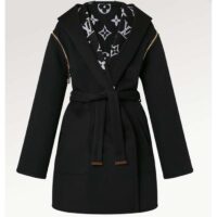 Louis Vuitton Women LV Reversible Zipper Sleeve Hooded Wrap Coat Black Wool Silk (3)