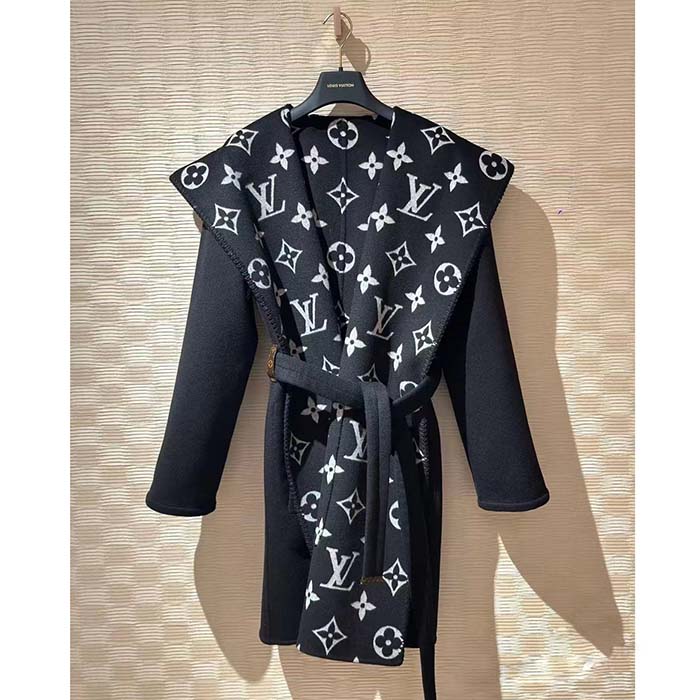 Louis Vuitton Women LV Reversible Zipper Sleeve Hooded Wrap Coat Black Wool Silk (5)