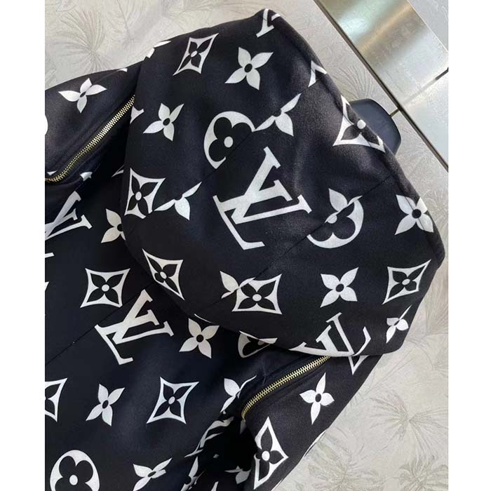 Louis Vuitton Women LV Reversible Zipper Sleeve Hooded Wrap Coat Black Wool Silk (6)