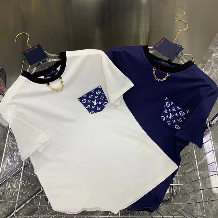 Louis Vuitton Women Monogram Pocket T-Shirt Cotton Navy Monogram Jacquard Denim LV Golden Chain (3)