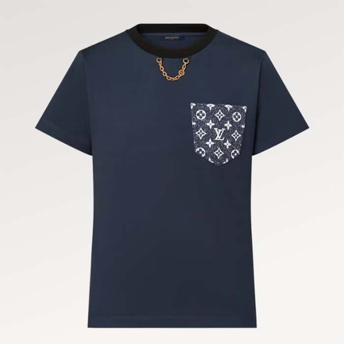 Louis Vuitton Women Monogram Pocket T-Shirt Cotton Navy Monogram Jacquard Denim LV Golden Chain