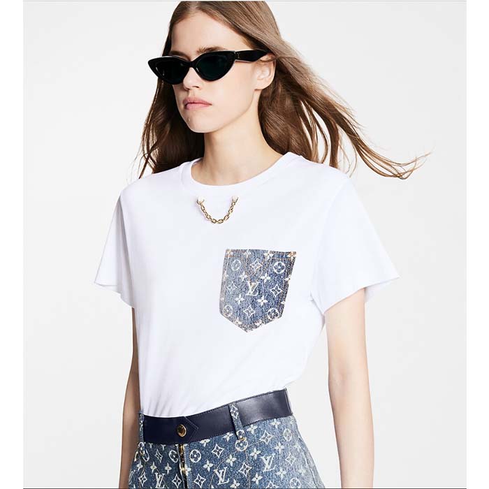 Louis Vuitton Women Monogram Pocket T-Shirt Cotton White Monogram Jacquard Denim LV Golden Chain