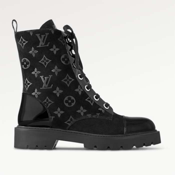 Louis Vuitton Women Territory Flat Ranger Black Monogram-Debossed Suede Calf Leather Side Zip