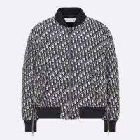 Dior Women CD Bomber Jacket Blue Technical Taffeta Jacquard Dior Oblique Motif