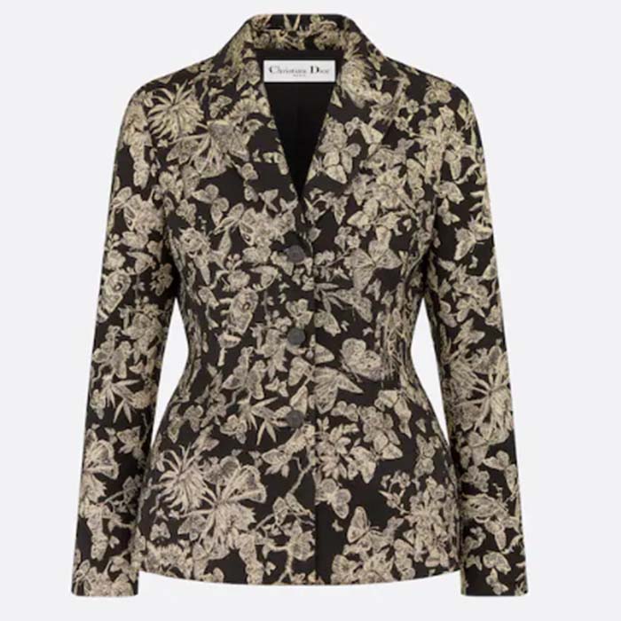 Dior Women CD Fitted Jacket Black Technical Jacquard Gold-Tone Allover Butterfly Motif