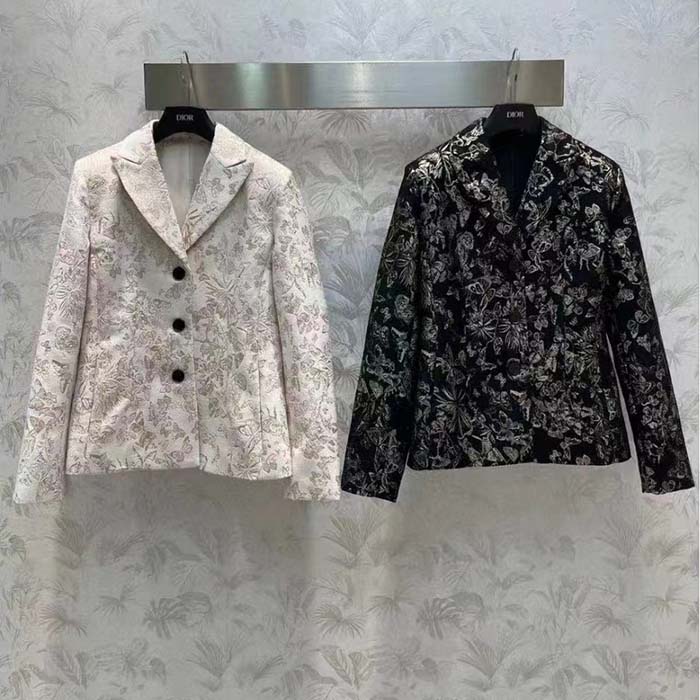 Dior Women CD Fitted Jacket Black Technical Jacquard Gold-Tone Allover Butterfly Motif (9)