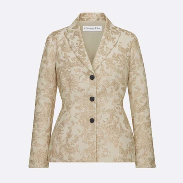 Dior Women CD Fitted Jacket White Technical Jacquard Gold-Tone Allover Butterfly Motif