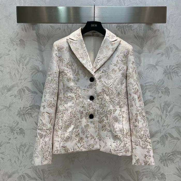 Dior Women CD Fitted Jacket White Technical Jacquard Gold-Tone Allover Butterfly Motif (2)