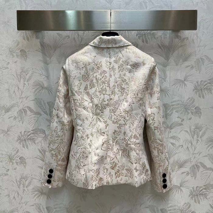 Dior Women CD Fitted Jacket White Technical Jacquard Gold-Tone Allover Butterfly Motif (7)