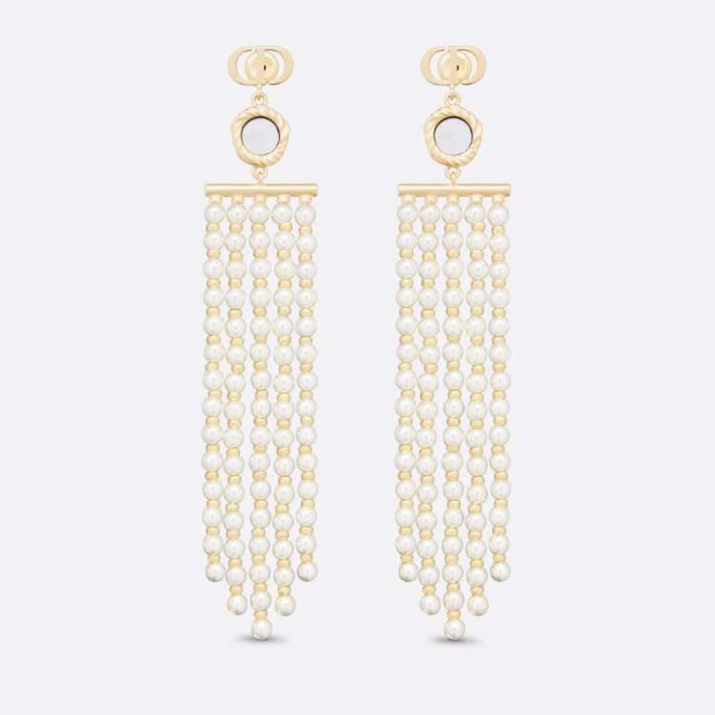 Dior Women La Parisienne Earrings Gold-Finish Metal with White Resin Pearls and Mirrors