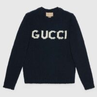 Gucci Men GG Wool Sweater Gucci Intarsia Black Ivory Knit Crewneck Long Sleeves