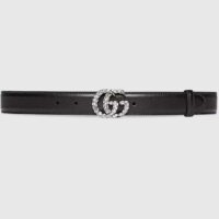Gucci Unisex GG Marmont Thin Belt Crystals Black Leather Double G Buckle 3 CM Width