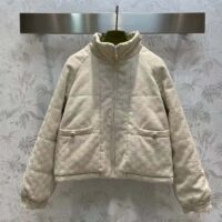 Gucci Women GG Canvas Bomber Jacket Cream Self-Covered Buttons Interlocking G Lined High Neck (14)