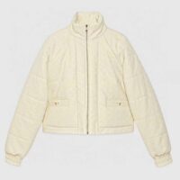 Gucci Women GG Canvas Bomber Jacket Cream Self-Covered Buttons Interlocking G Lined High Neck (14)