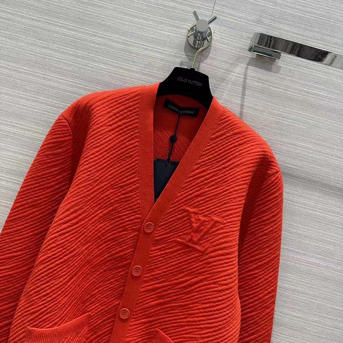 Louis Vuitton Men Wool Cardigan Regular Fit LV Epi XL Knitted Motif Red Certified Merino (13)