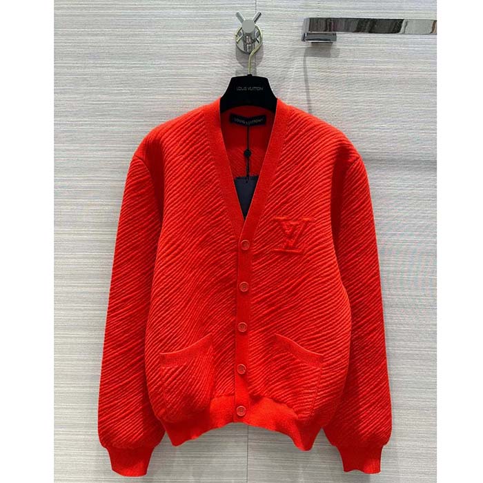 Louis Vuitton Men Wool Cardigan Regular Fit LV Epi XL Knitted Motif Red Certified Merino (3)