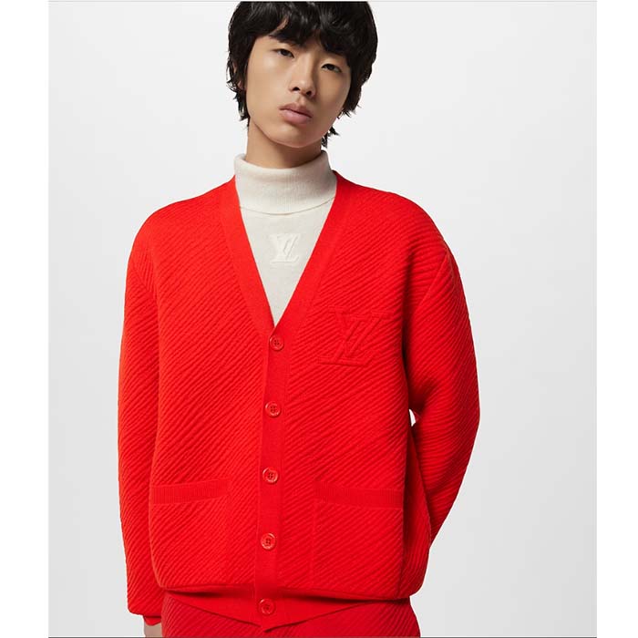 Louis Vuitton Men Wool Cardigan Regular Fit LV Epi XL Knitted Motif Red Certified Merino (4)