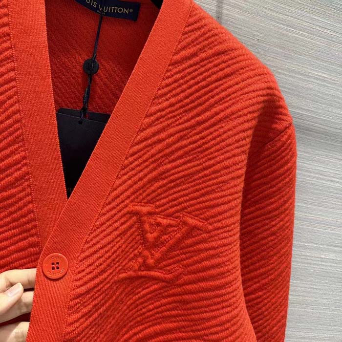 Louis Vuitton Men Wool Cardigan Regular Fit LV Epi XL Knitted Motif Red Certified Merino (8)