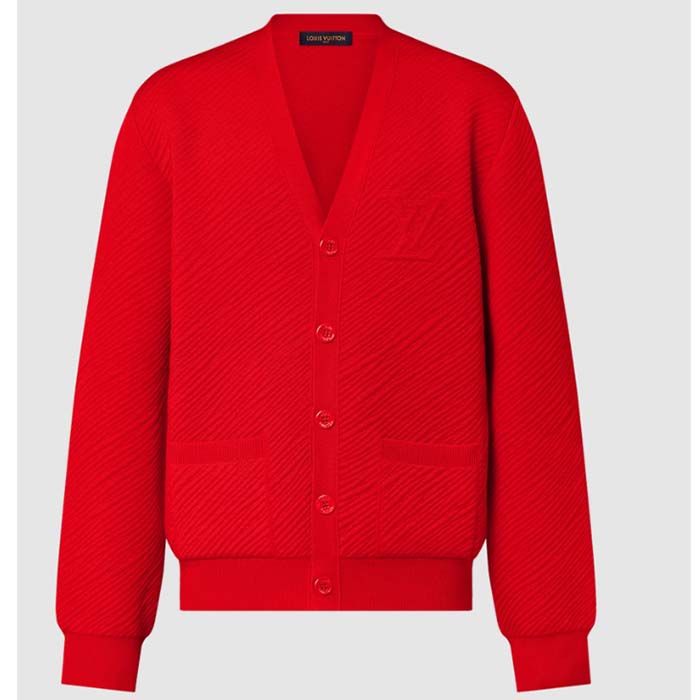 Louis Vuitton Men Wool Cardigan Regular Fit LV Epi XL Knitted Motif Red Certified Merino