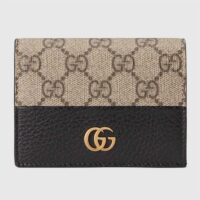 Gucci Unisex GG Marmont Card Case Wallet Double G Beige Ebony GG Supreme Canvas Black Leather Style ‎658610 17WAG 1283