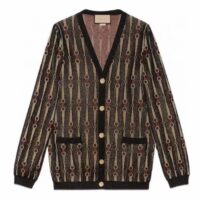 Gucci GG Women Lamé Horsebit Jacquard Cardigan Brown V-Neck