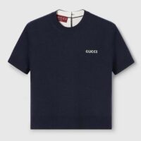 Gucci GG Women Wool Top Gucci Intarsia Navy Crewneck Short Sleeves