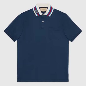 Gucci Men Cotton Piquet Polo Square GG Blue Collar Short Sleeves
