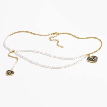 Chanel Women CC Chain Belt Metal Glass Pearls Gold Blue Pearly White