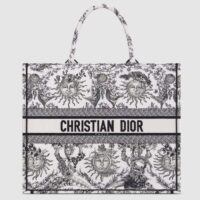 Dior Unisex Large Dior Book Tote White Black Toile De Jouy Soleil Embroidery