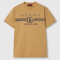 Gucci Men GG Cotton Jersey T-Shirt Print Beige Crewneck Short Sleeves