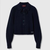 Gucci Women GG Chunky Rib Cotton Polo Top Knitted Label Raglan Long Sleeves