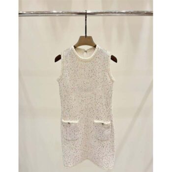 Chanel Women CC Dress Tweed Pink Black White Sleeveless Two Pockets