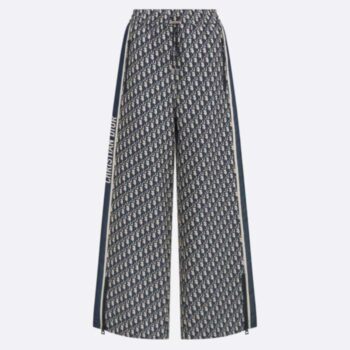 Dior CD Women Flared Pants Blue Ecru Technical Taffeta Jacquard Dior Oblique
