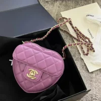 Chanel Women CC Heart Shape Bag Purple Calfskin Leather Gold-Tone Metal