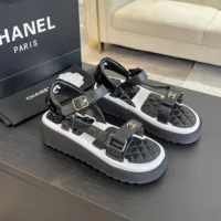 Chanel Women Open Toe Sandal in Calfskin Leather Black White
