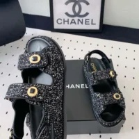 Chanel Women Sandals Braided Fabric Black 1 cm Heel