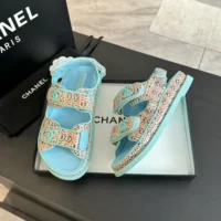 Chanel Women Sandals Braided Fabric Blue 1 cm Heel