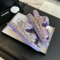 Chanel Women Sandals Braided Fabric Purple 1 cm Heel