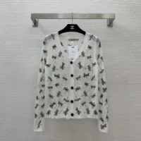 Dior Women Twinset White Mohair and Alpaca Blend Knit with Multicolor Dragonfly Motif